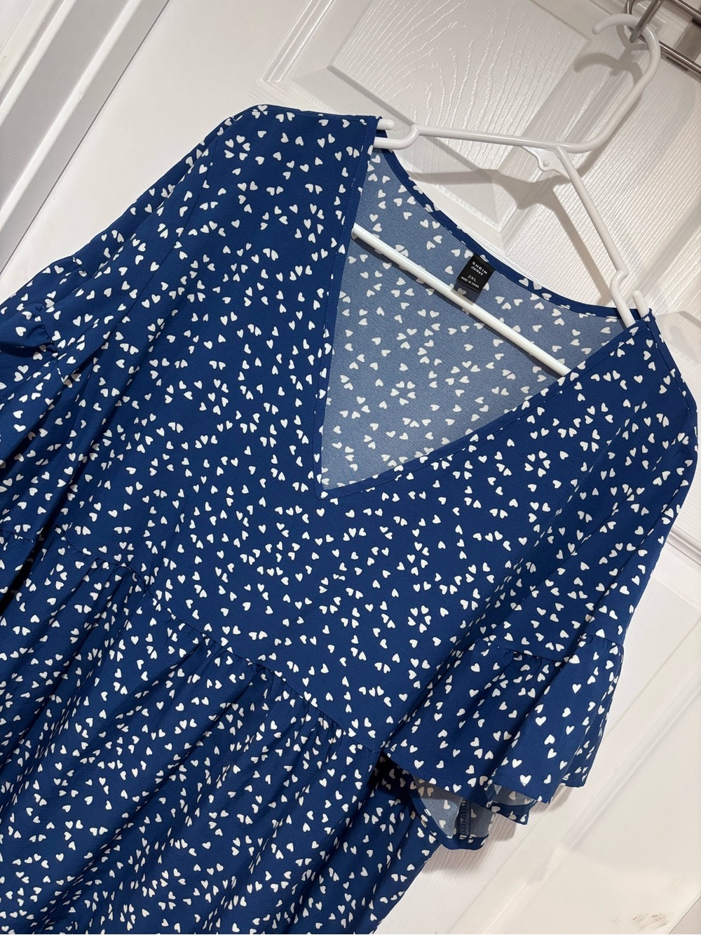 SHEIN Blue V-Neck Blue Heart Print Babydoll Dress
